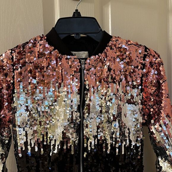 H&M Girls Ombre Black Silver Pink Sequin Bomber Jacket Size 10-11 years - Picture 2 of 15